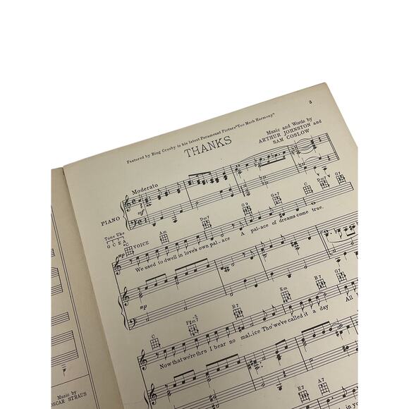 Thanks Sheet Music 1933 Too Much Harmony Johnston Coslow Bing Crosby - Picture 3 of 5